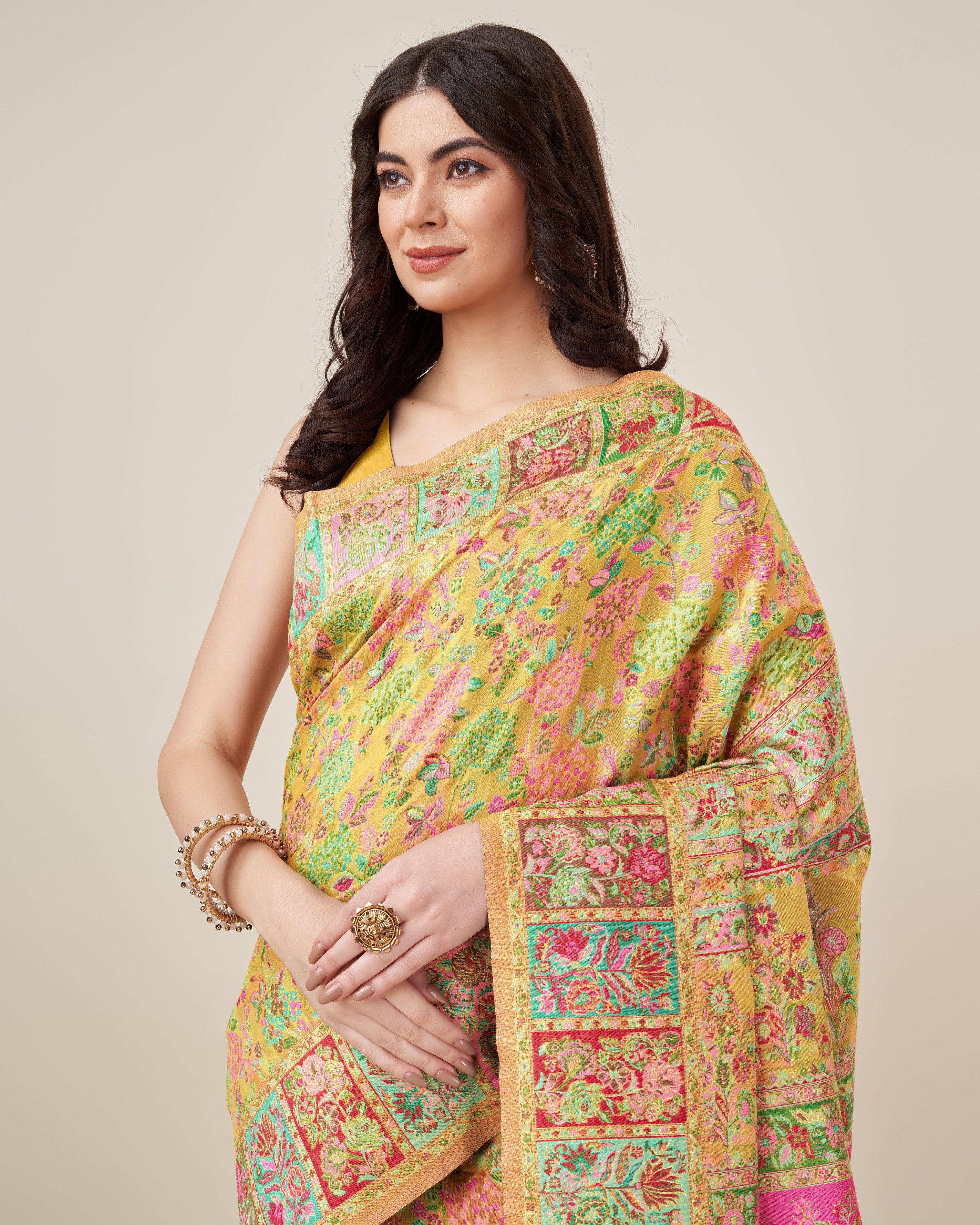 Exotic Yellow Color Kashmiri Pashmina Saree