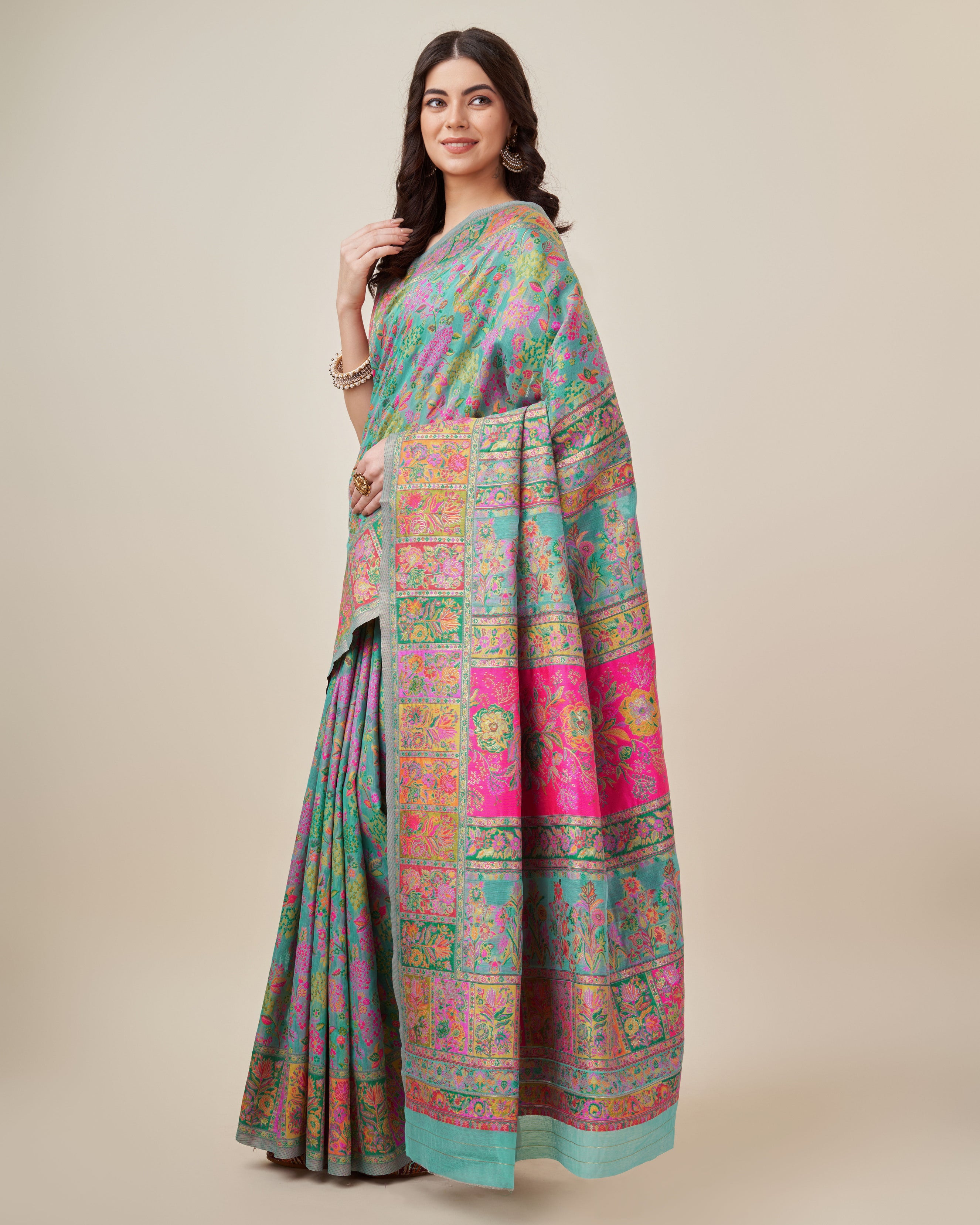 Winsome Rama Green Color Kashmiri Pashmina Saree