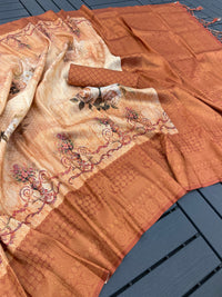 Vibrant Copper Color Soft Kanjivaram Silk Saree with Digital Printed Designs