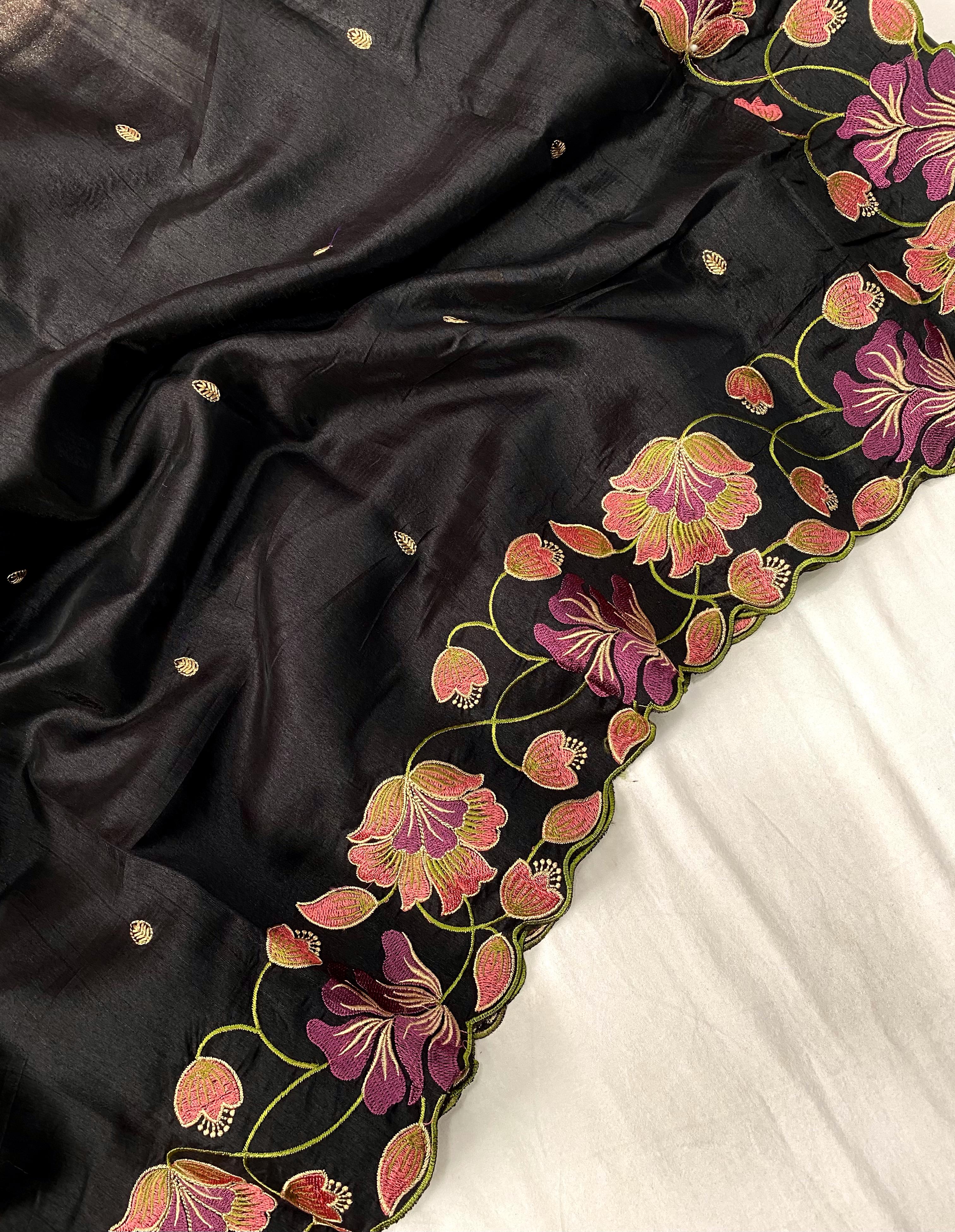 Whimsical Black Color Tussar Silk Saree