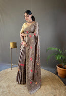 Awe-inspiring Brown Color Tussar Silk Saree with Floral Embroidery Work