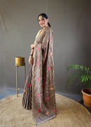 Awe-inspiring Brown Color Tussar Silk Saree with Floral Embroidery Work