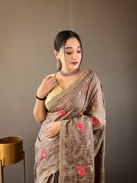 Awe-inspiring Brown Color Tussar Silk Saree with Floral Embroidery Work