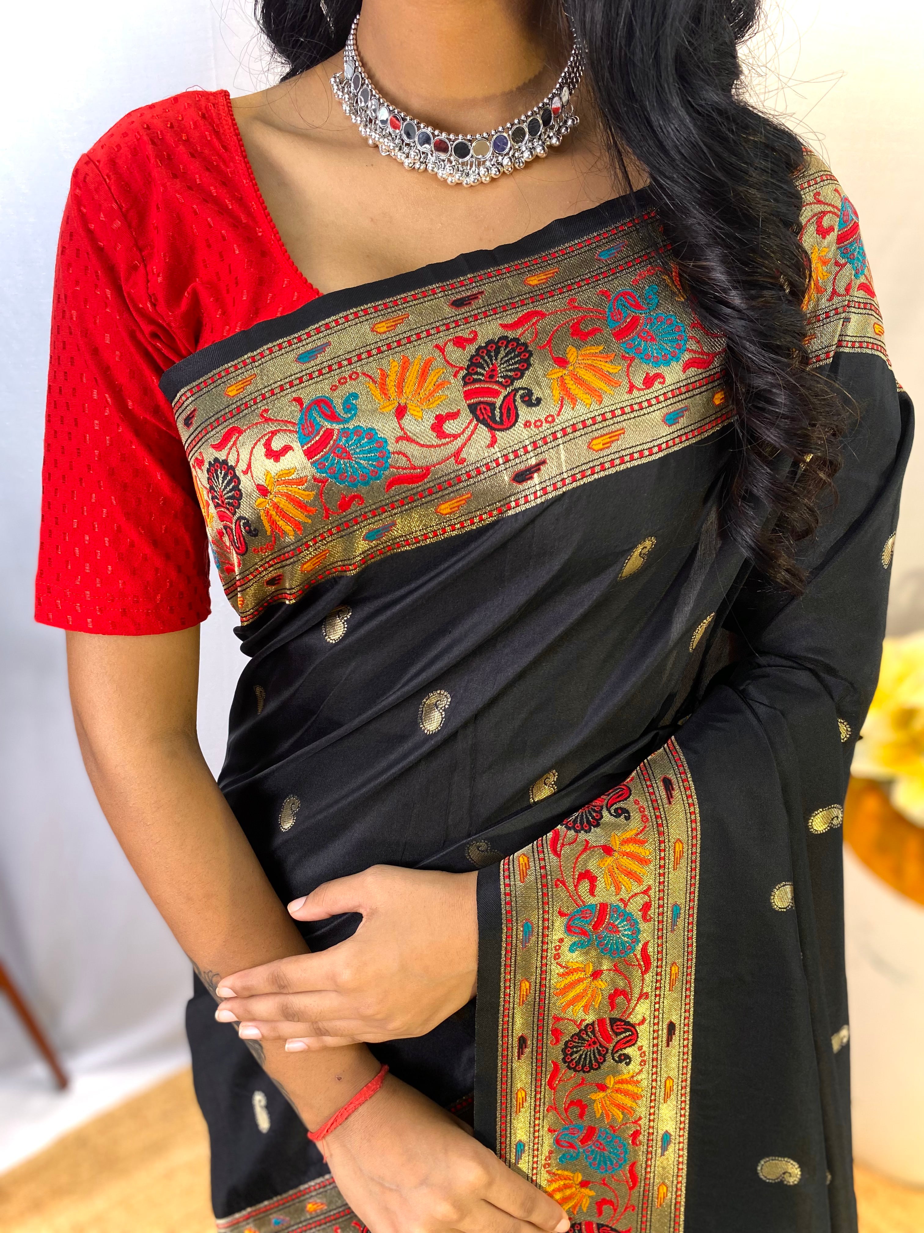 Delicate Black Color Paithani Silk Saree with Meenakari Weaving Work