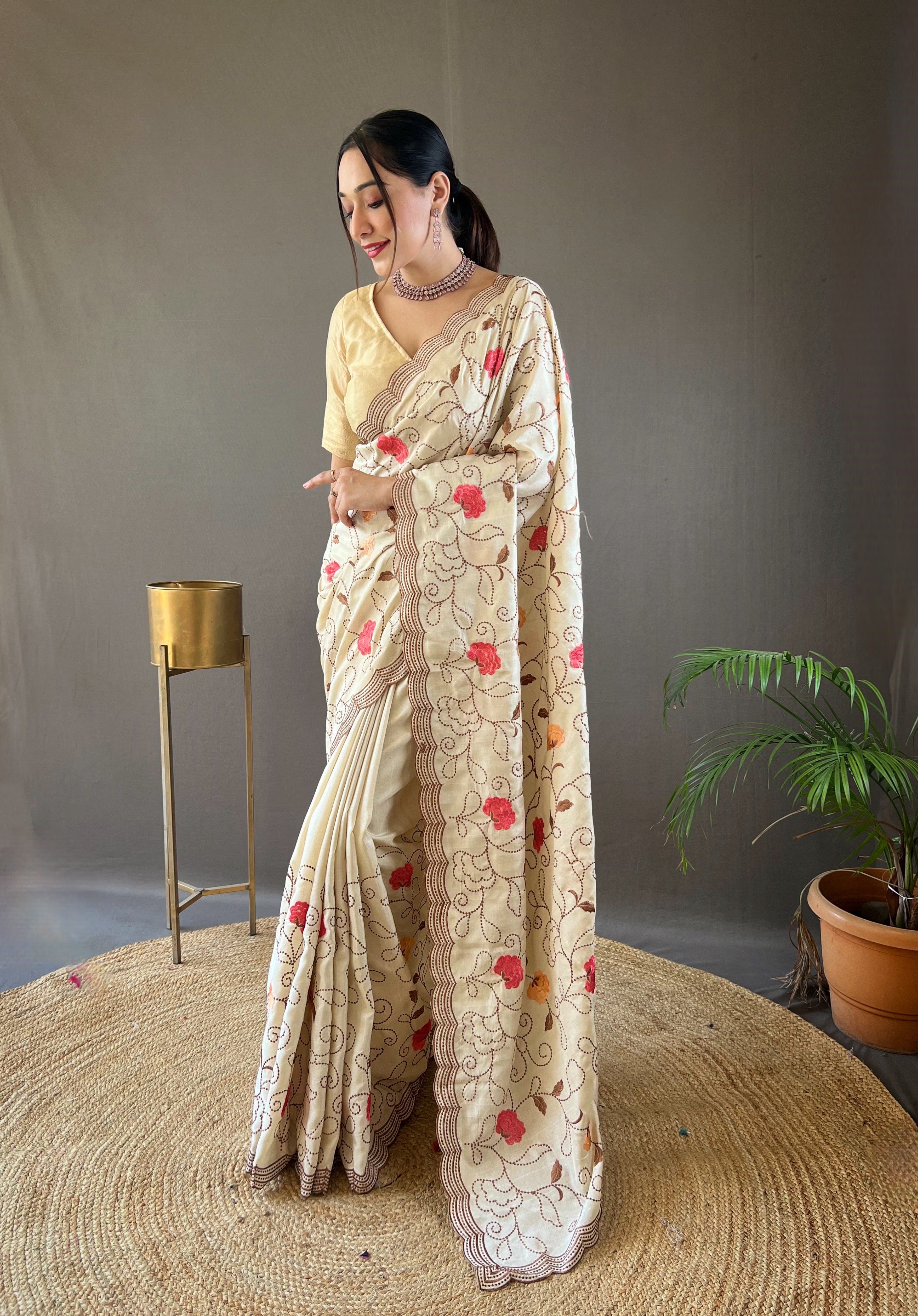 Serene Cream Color Tussar Silk Saree with Floral Embroidery Work