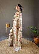 Serene Cream Color Tussar Silk Saree with Floral Embroidery Work