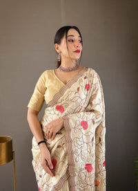 Serene Cream Color Tussar Silk Saree with Floral Embroidery Work