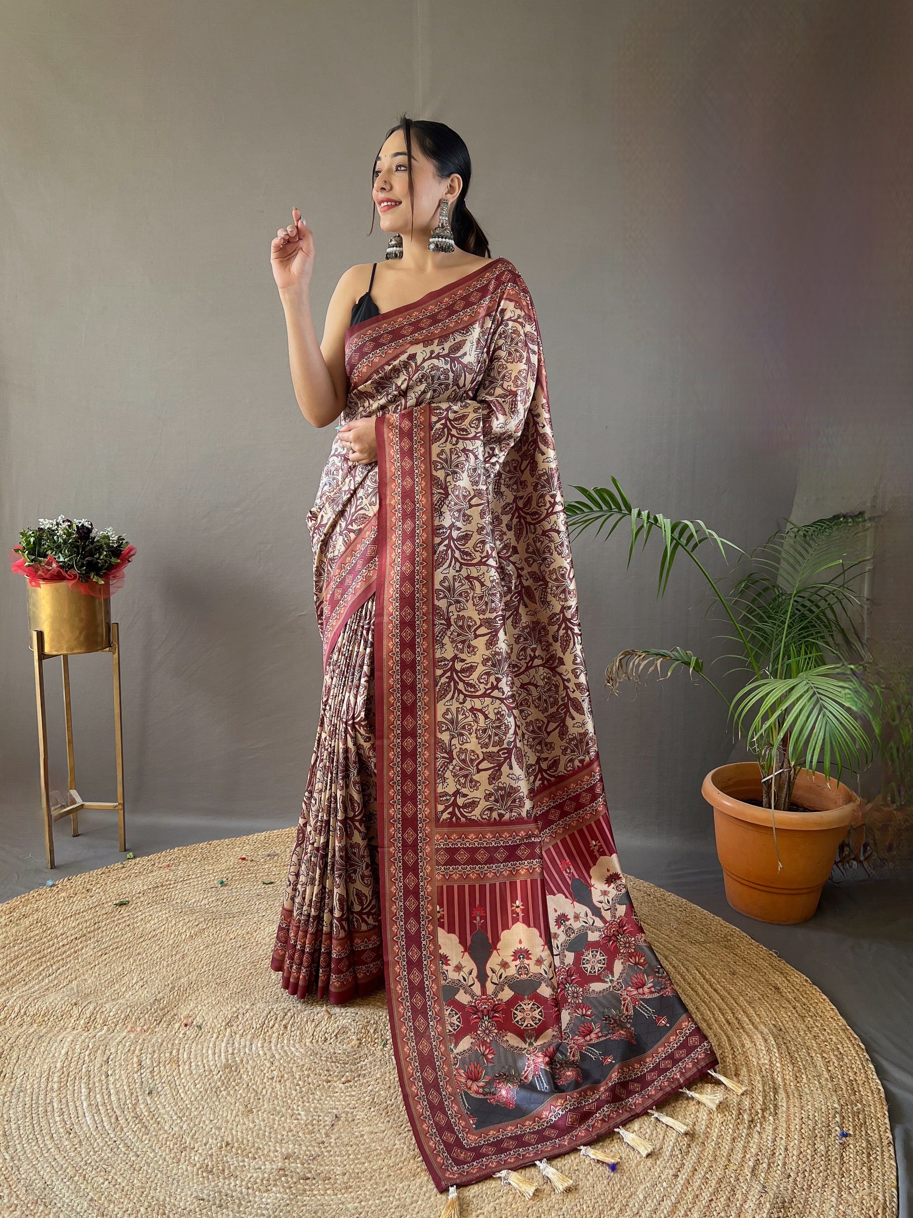 Awe-inspiring Cream Color Digital Printed Semi Silk Saree