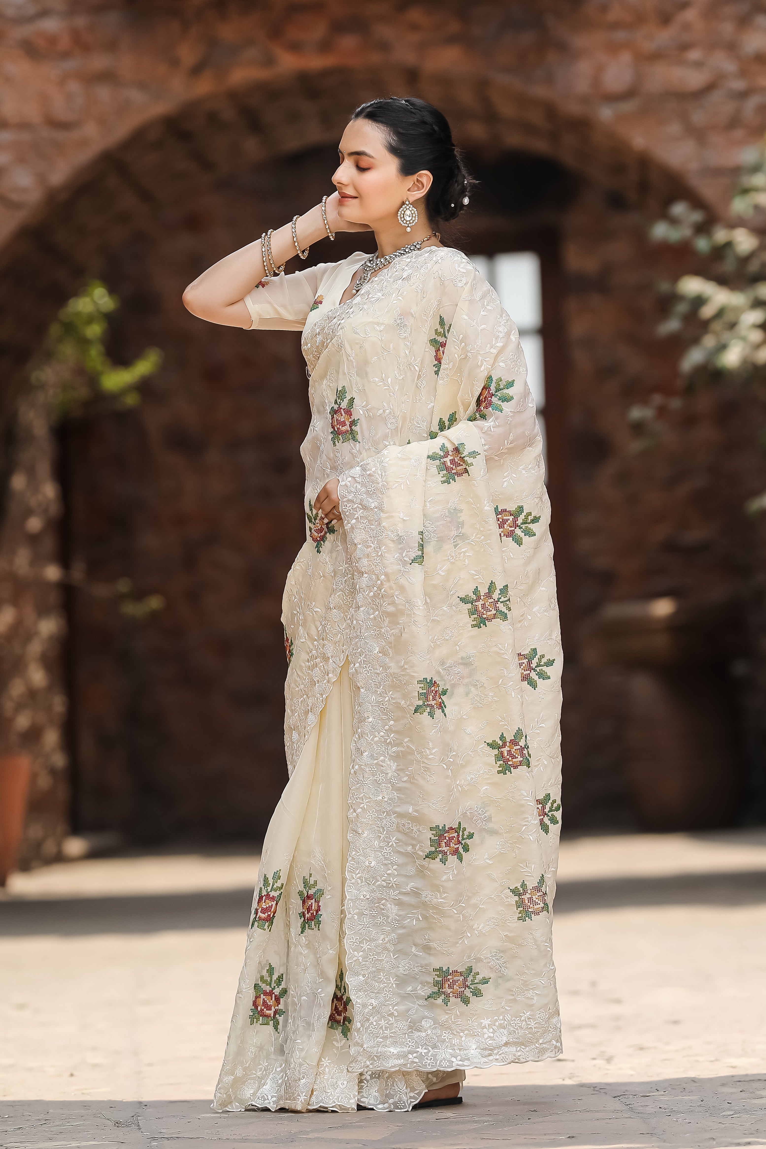 Radiant Cream Color Chiffon Saree with Zari & Embroidery Work