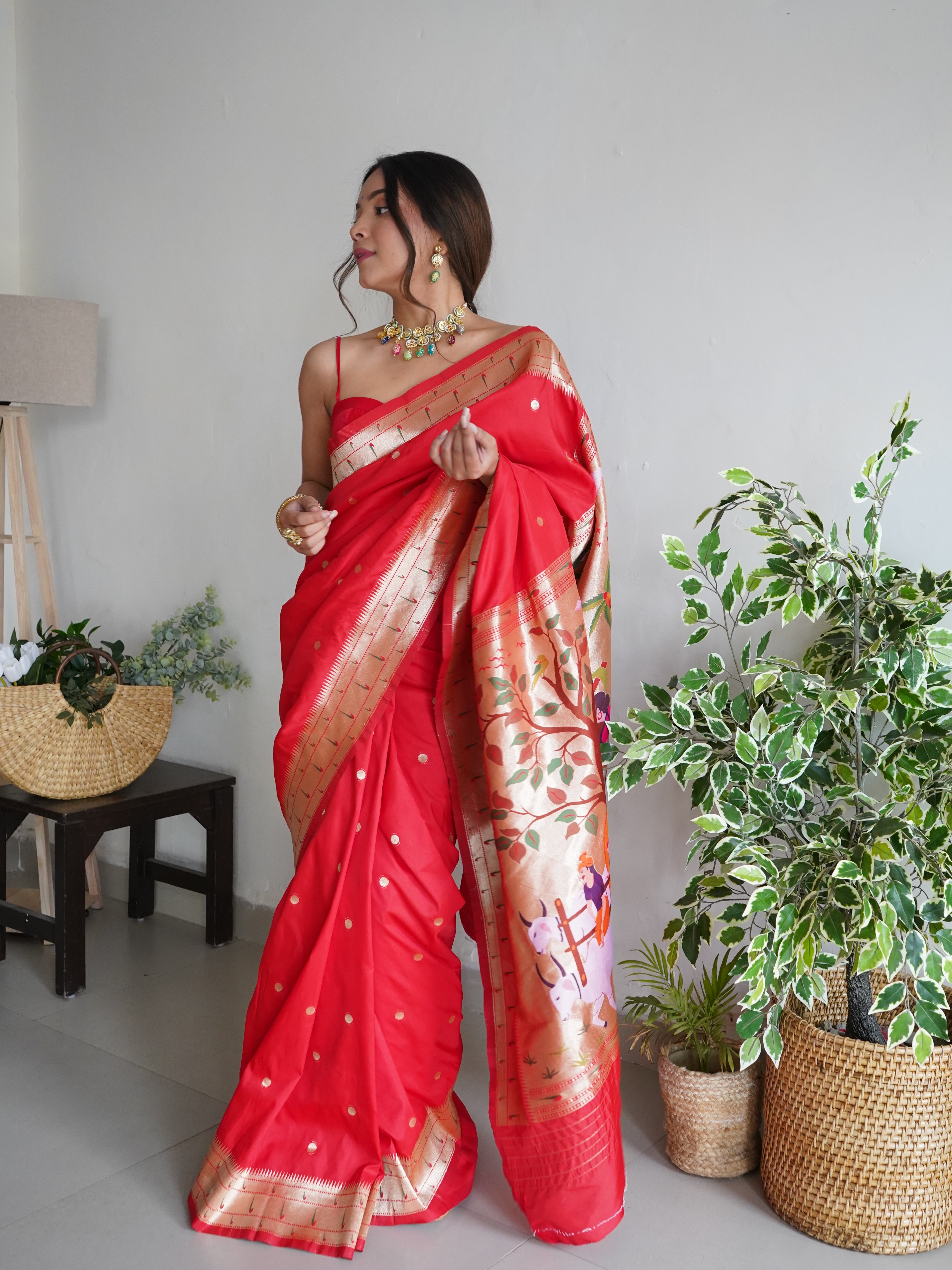 Breathtaking Red Color Banarasi Silk Paithani Saree