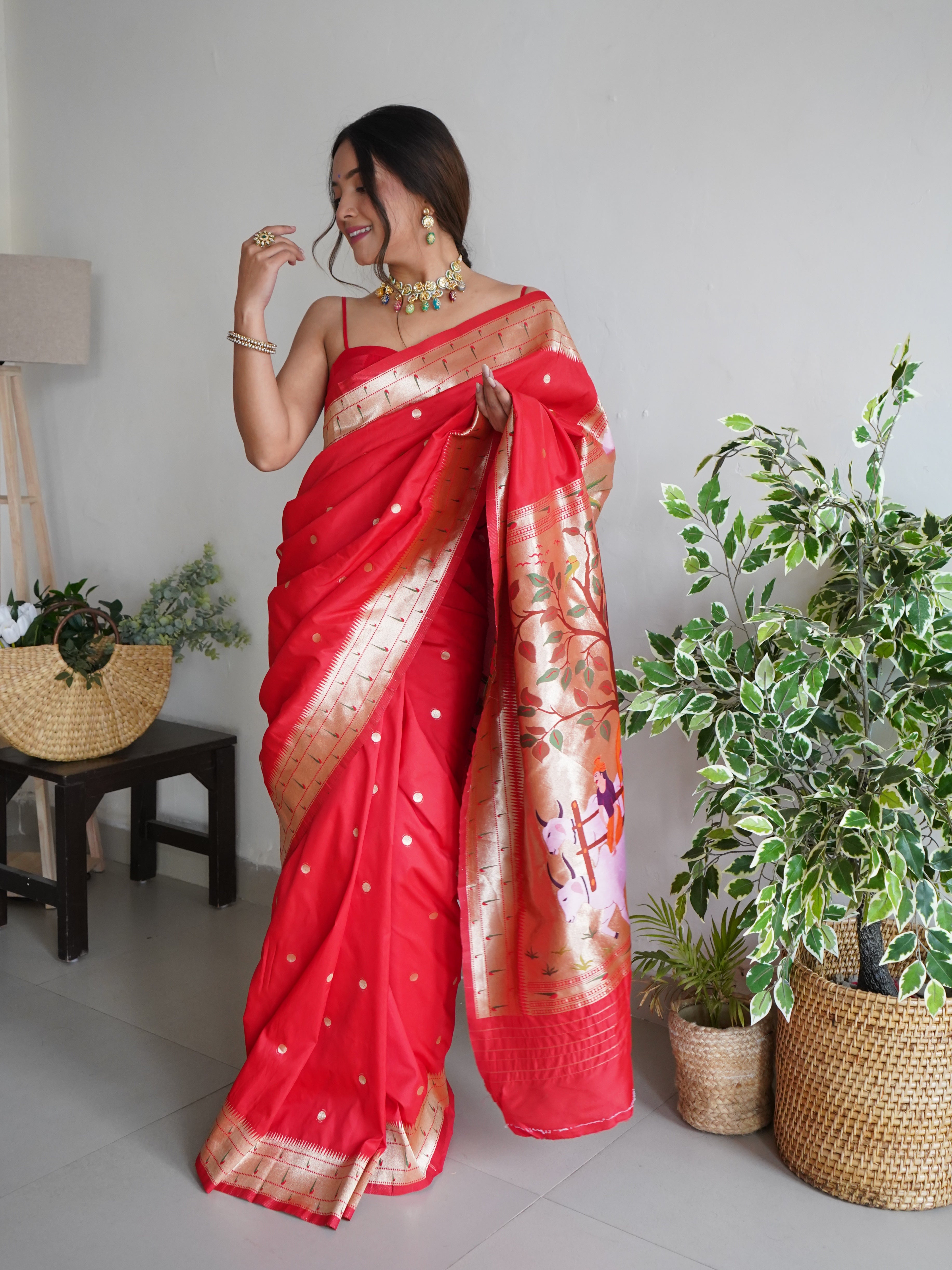 Breathtaking Red Color Banarasi Silk Paithani Saree