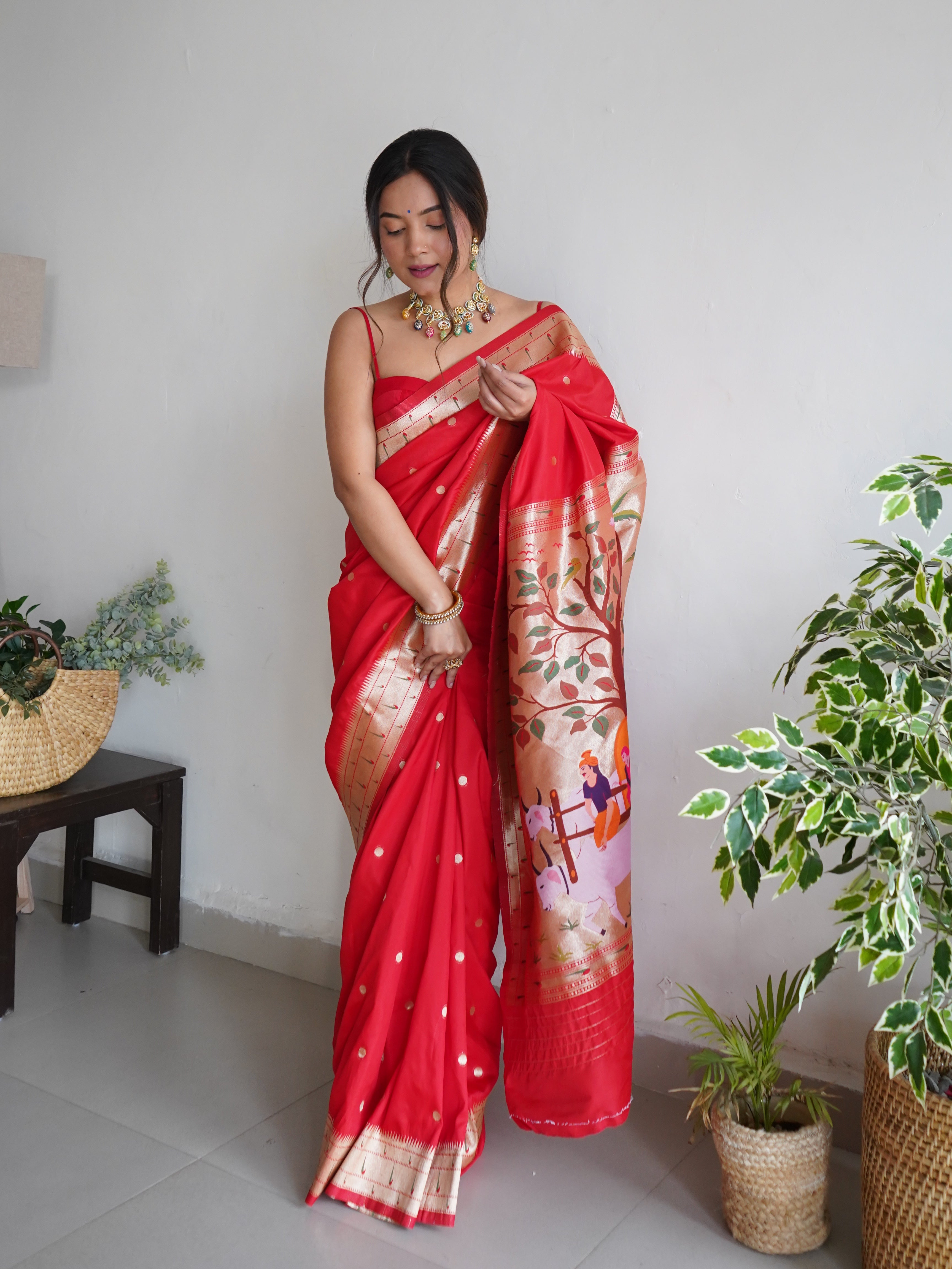 Breathtaking Red Color Banarasi Silk Paithani Saree