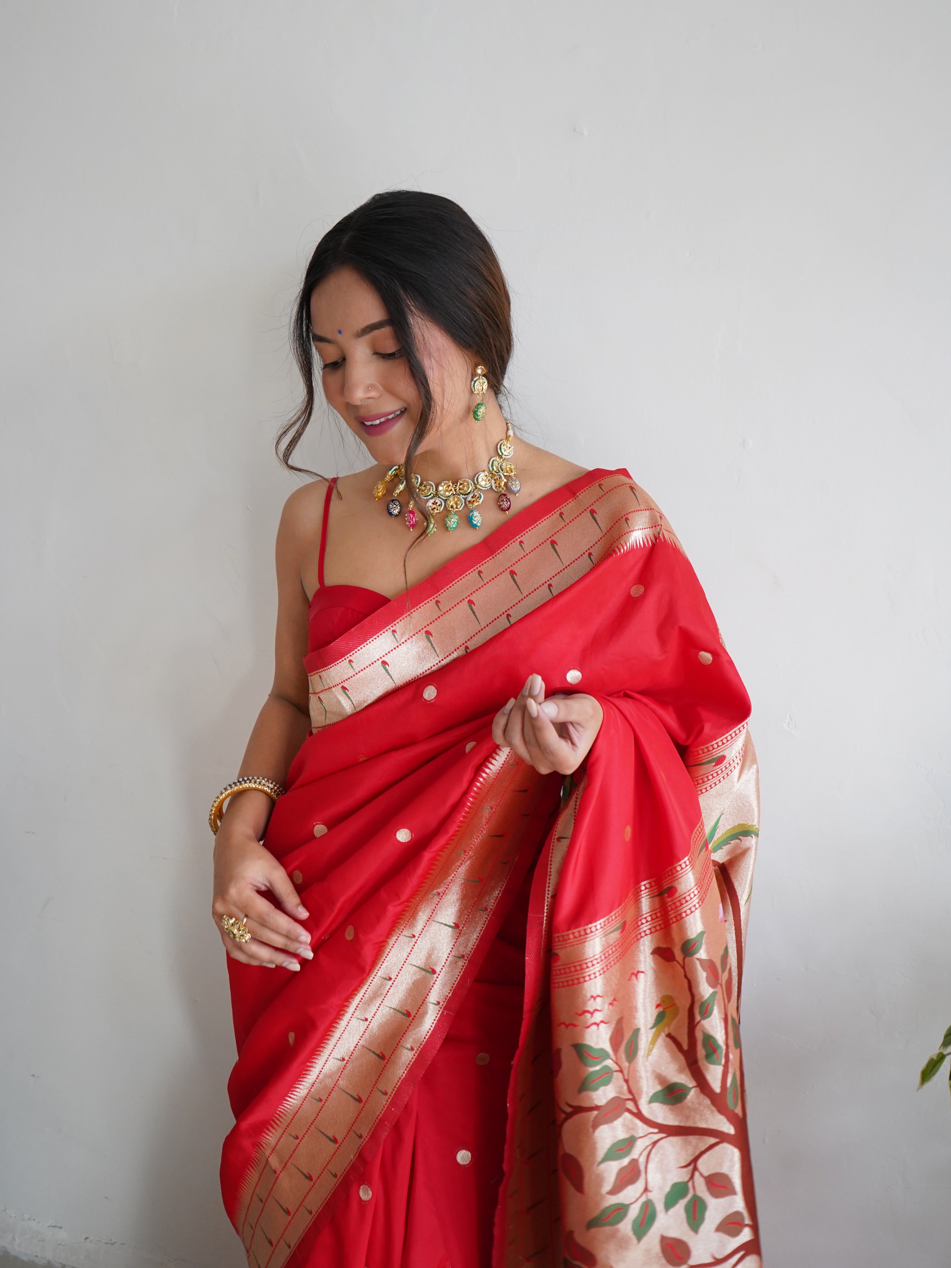 Breathtaking Red Color Banarasi Silk Paithani Saree