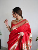 Breathtaking Red Color Banarasi Silk Paithani Saree