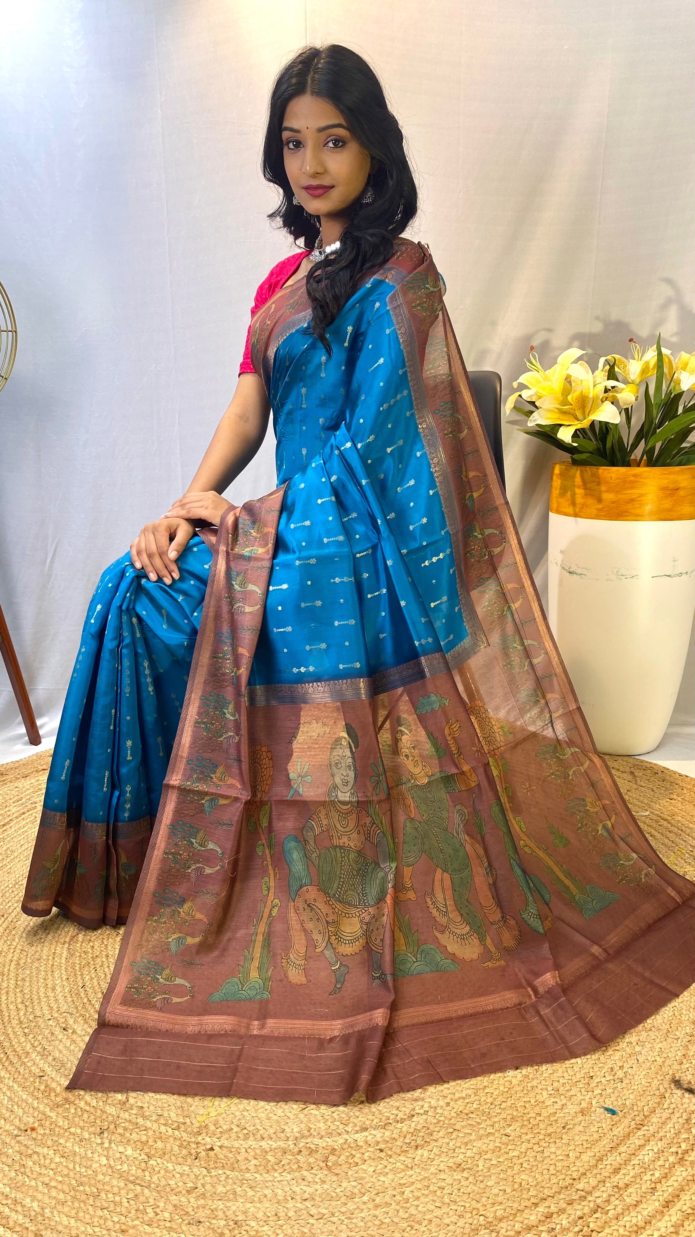 Glamorous Firozi Blue Color Chanderi Silk Saree