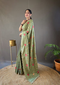 Ethereal Green Color Tussar Silk Saree with Floral Embroidery Work