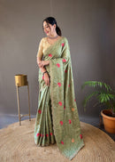 Ethereal Green Color Tussar Silk Saree with Floral Embroidery Work