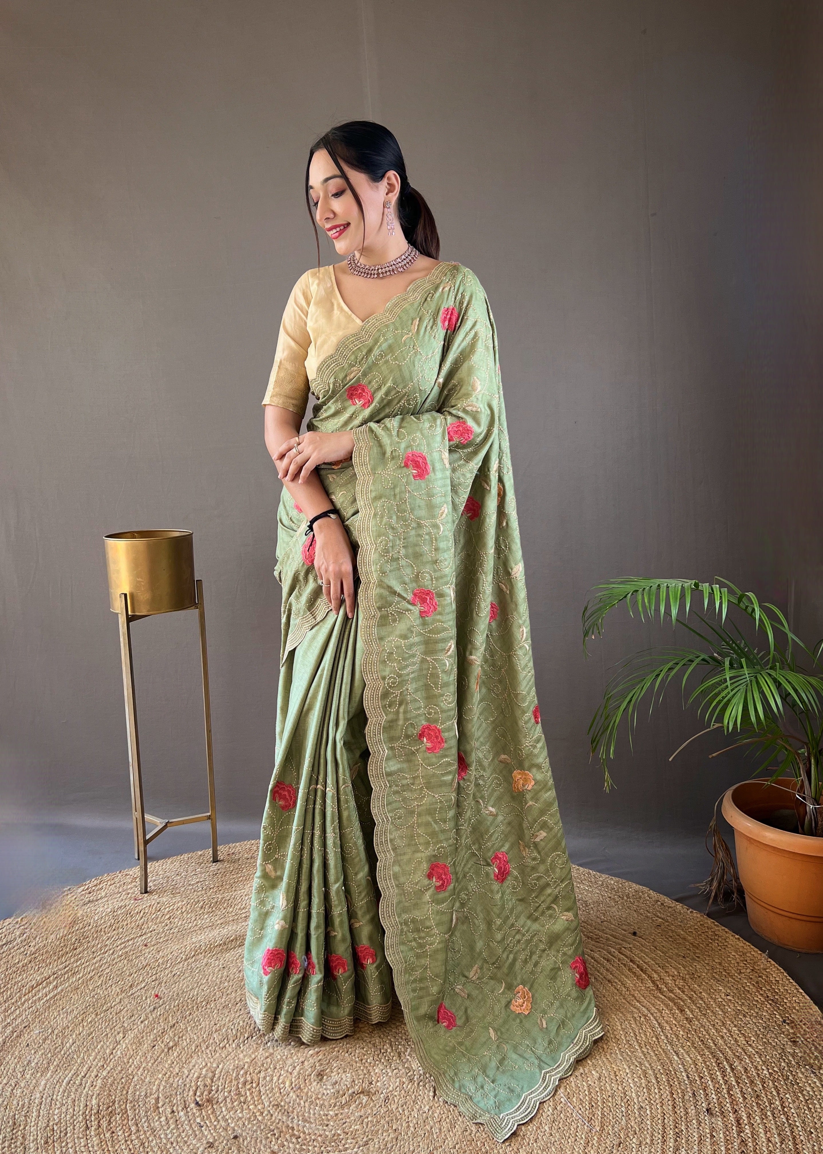 Ethereal Green Color Tussar Silk Saree with Floral Embroidery Work