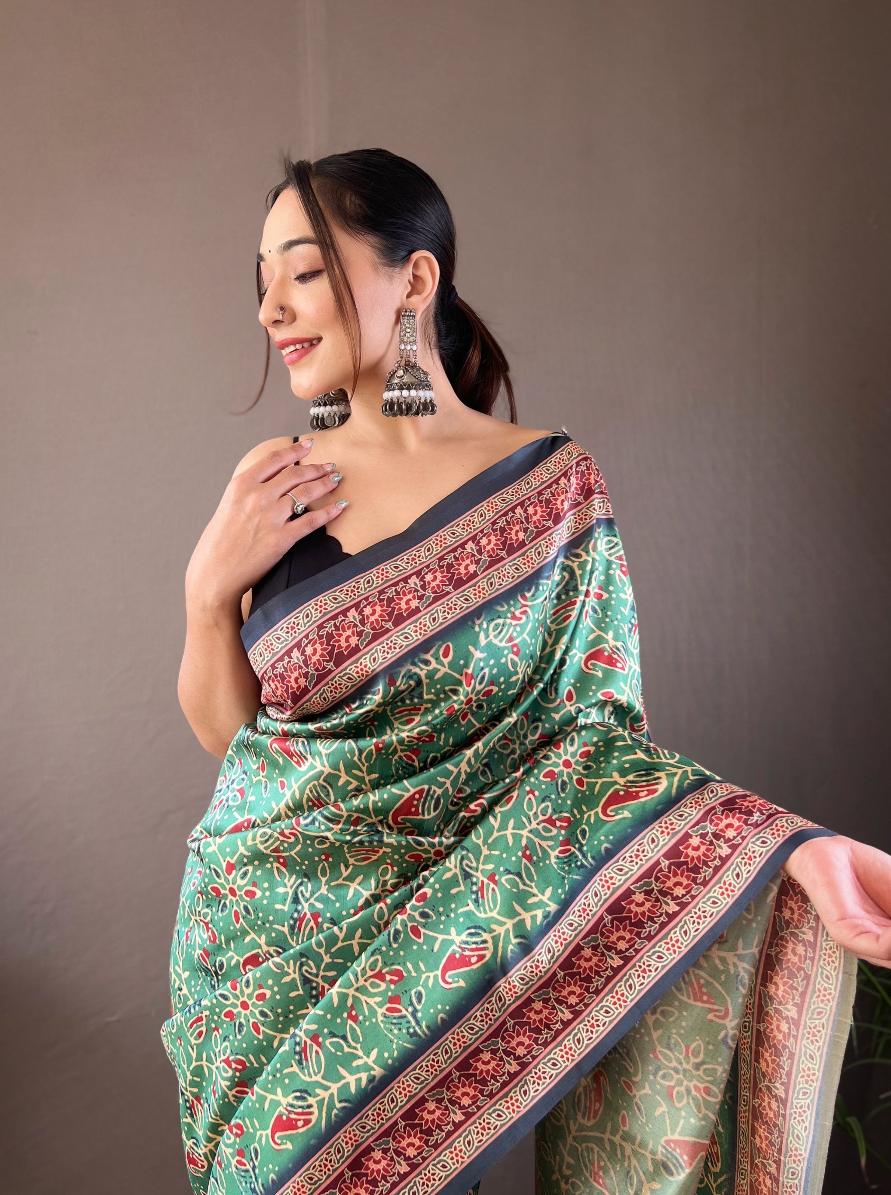 Ethereal Green Color Digital Printed Semi Silk Saree