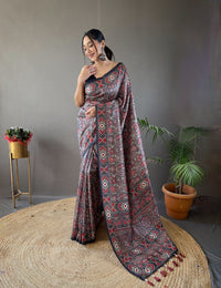 Blissful Grey Color Digital Printed Semi Silk Saree