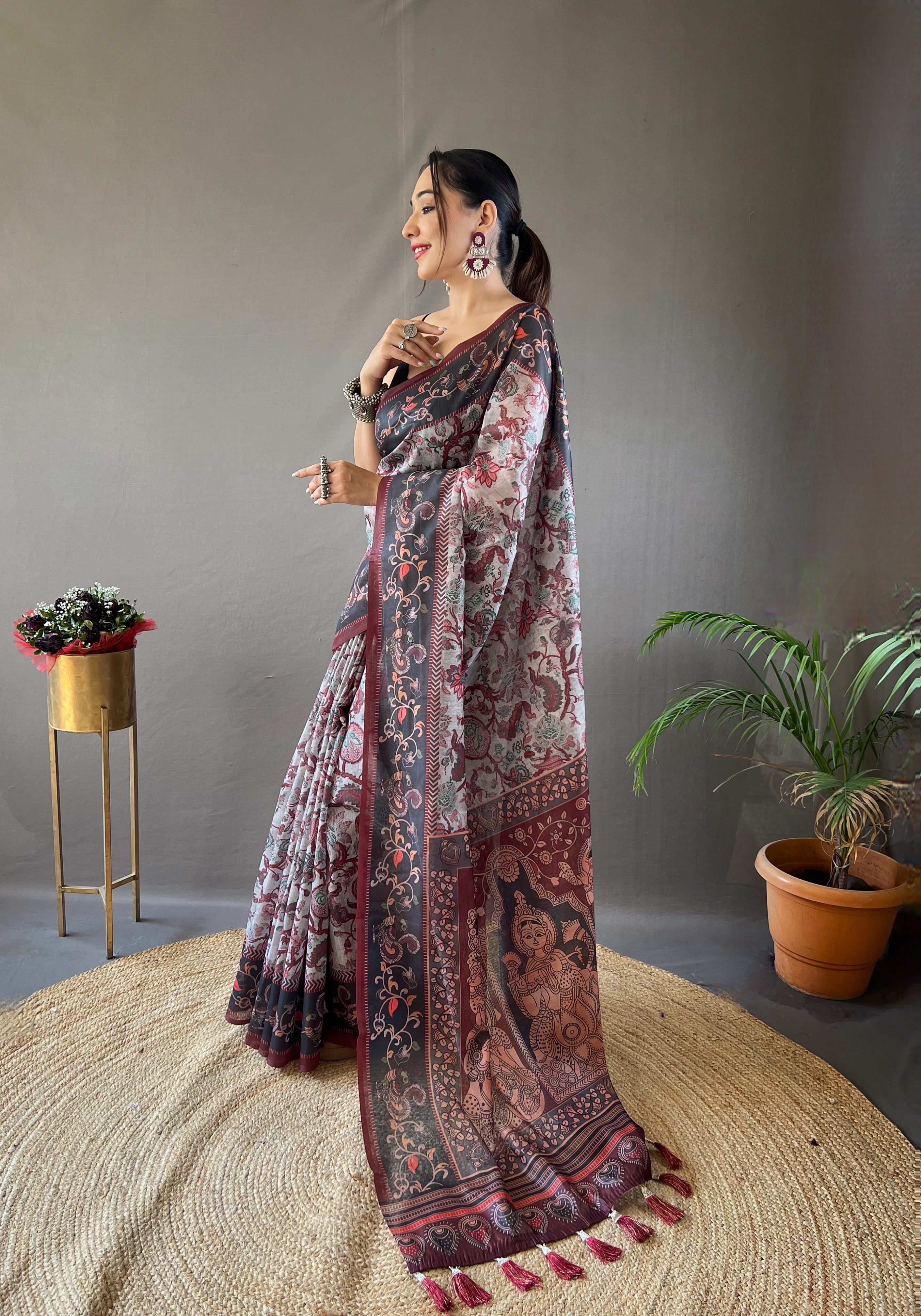 Captivating Grey Color Digital Printed Cotton Saree