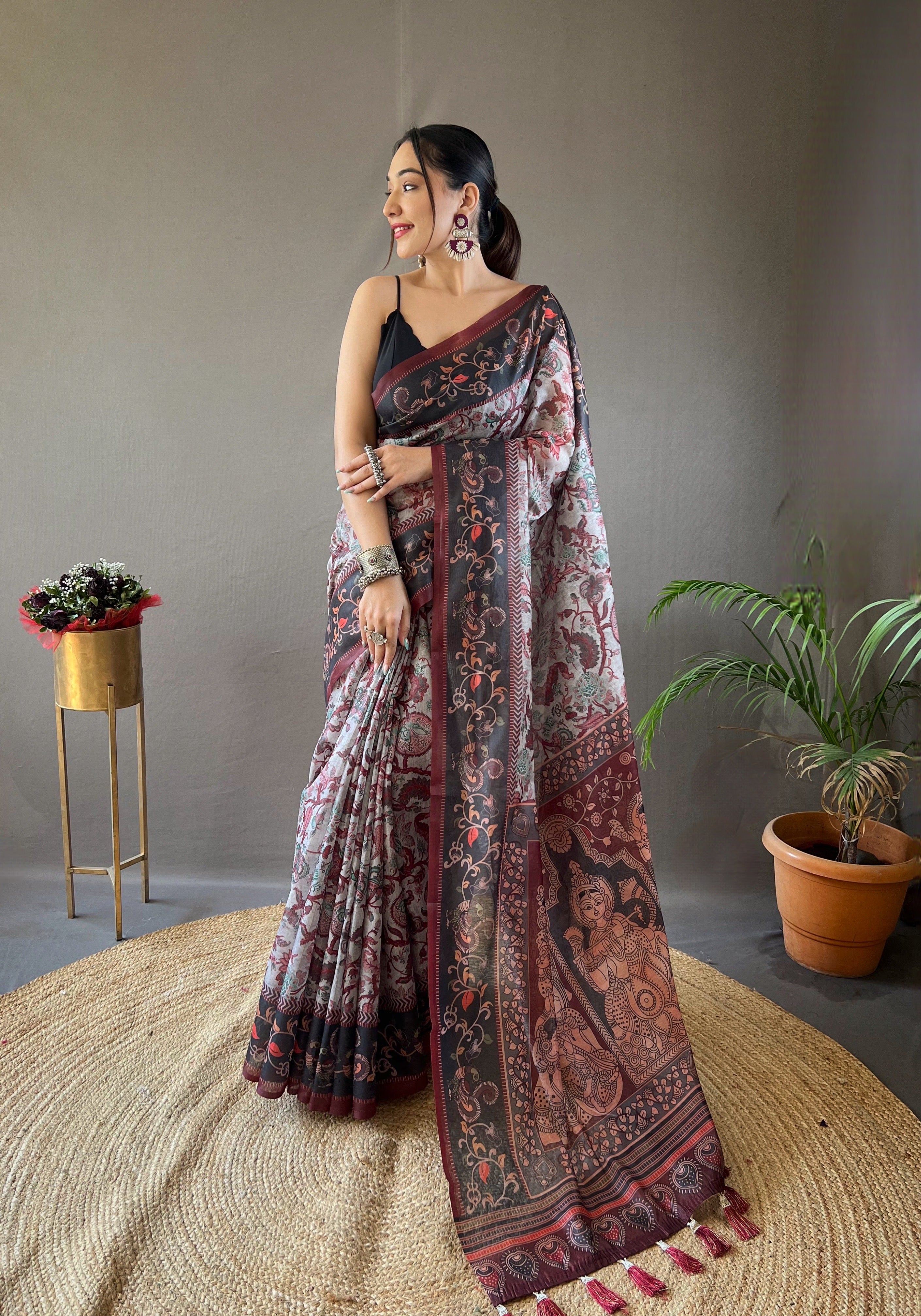 Captivating Grey Color Digital Printed Cotton Saree