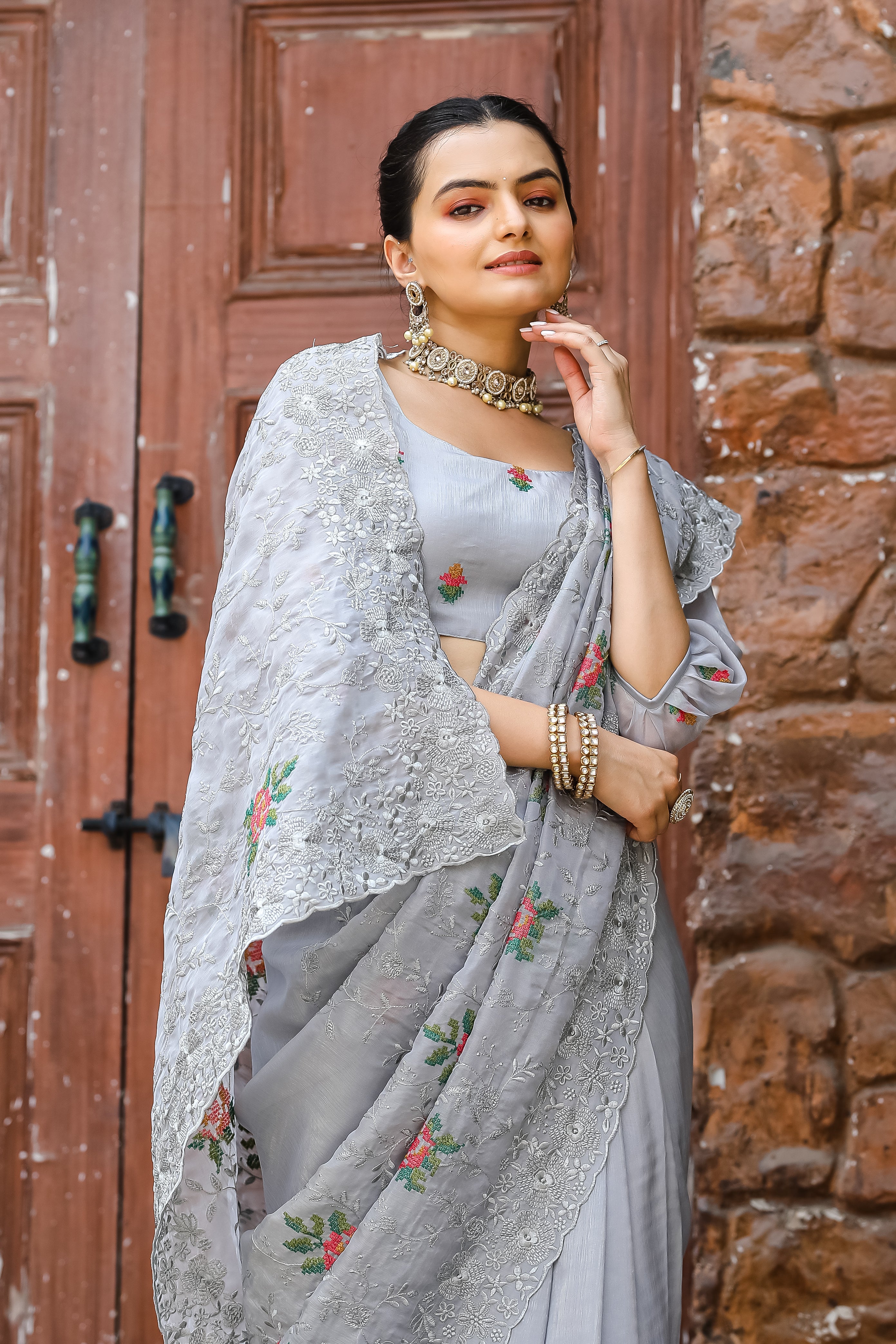 Luminescent Grey Color Chiffon Saree with Zari & Embroidery Work