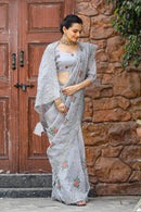 Luminescent Grey Color Chiffon Saree with Zari & Embroidery Work