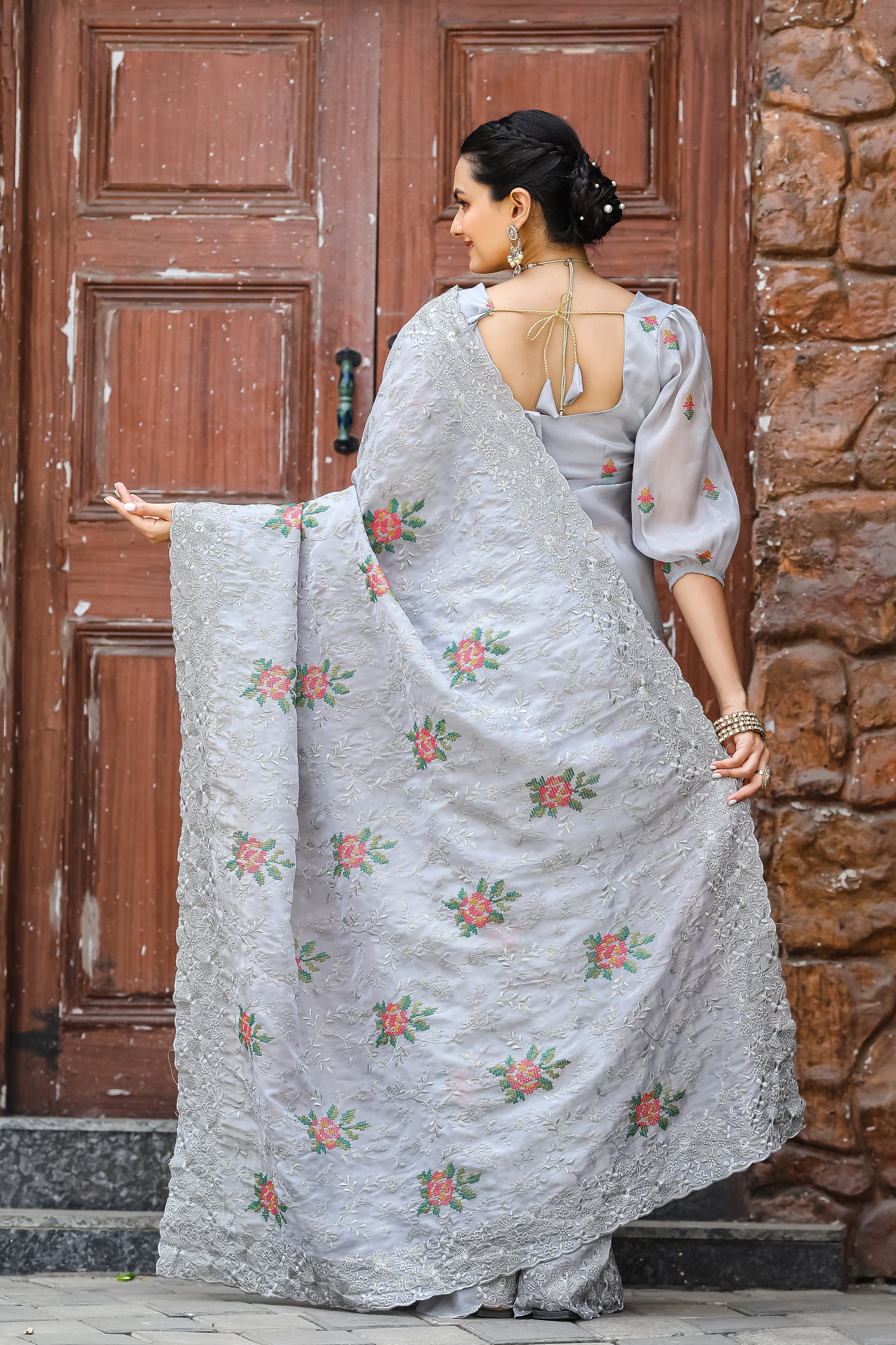 Luminescent Grey Color Chiffon Saree with Zari & Embroidery Work