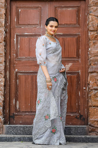 Luminescent Grey Color Chiffon Saree with Zari & Embroidery Work