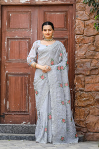 Luminescent Grey Color Chiffon Saree with Zari & Embroidery Work