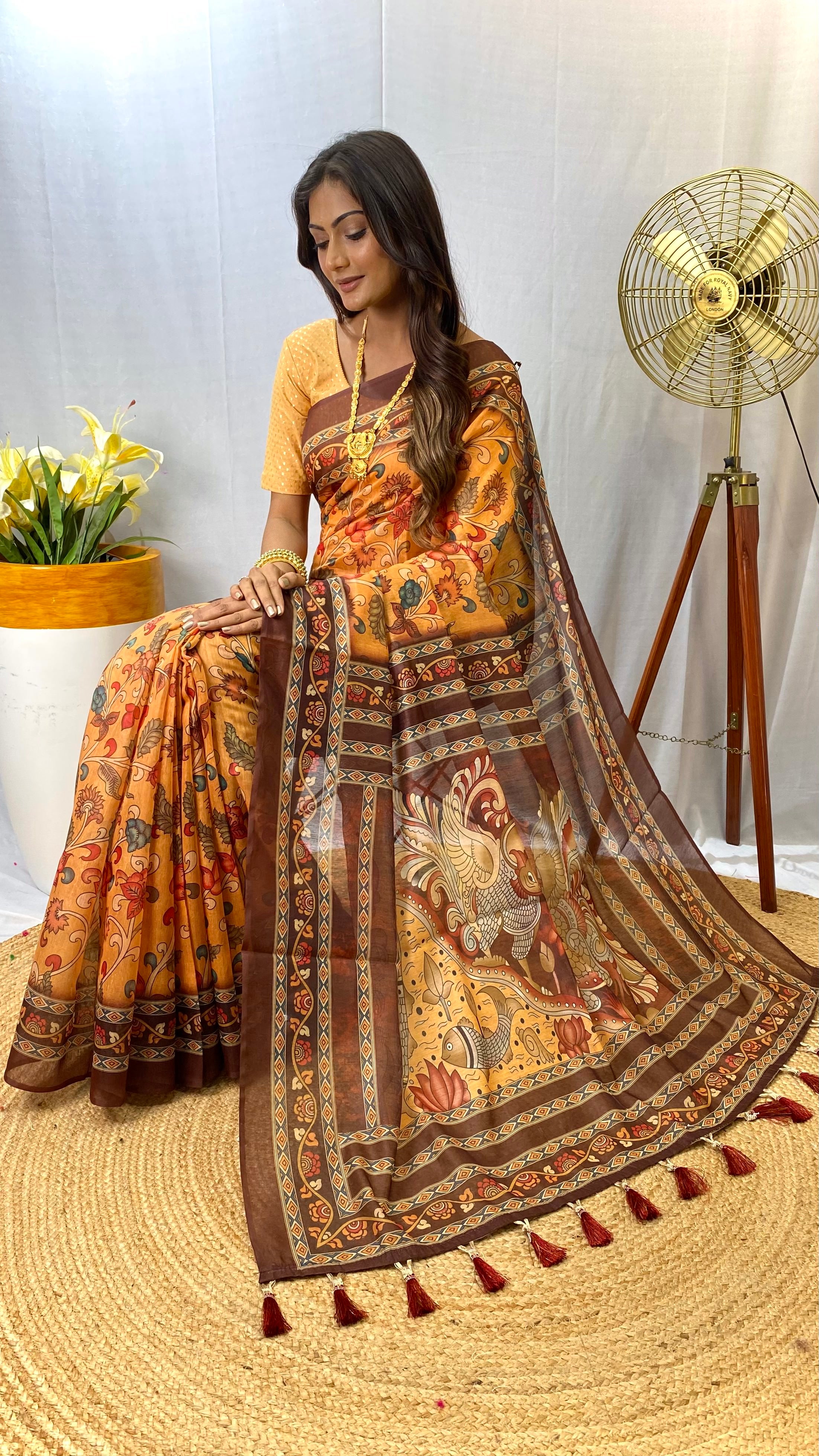 Breathtaking Orange Color Malai Cotton Saree with Kalamkari Patterns