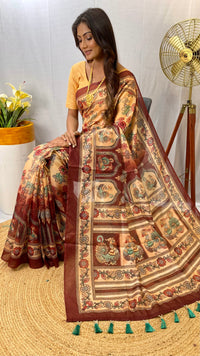 Regal Beige Color Malai Cotton Saree with Kalamkari Patterns