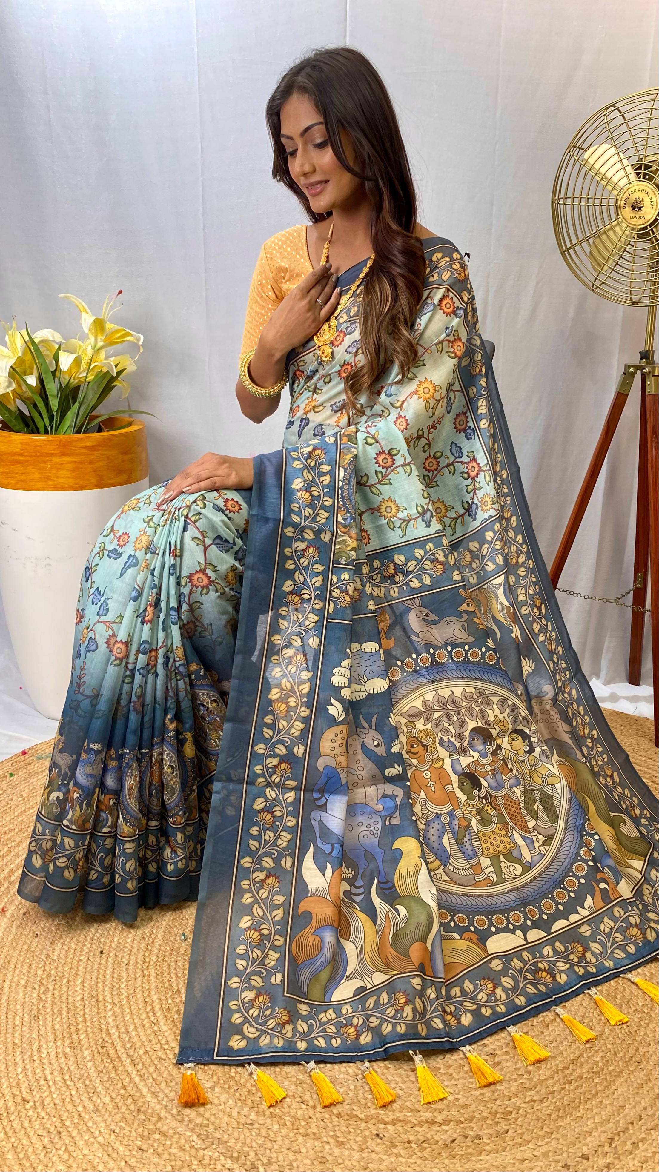 Splendid Sky Blue Color Malai Cotton Saree with Kalamkari Patterns