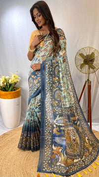 Splendid Sky Blue Color Malai Cotton Saree with Kalamkari Patterns