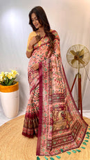 Opulent Peach Color Malai Cotton Saree with Kalamkari Patterns