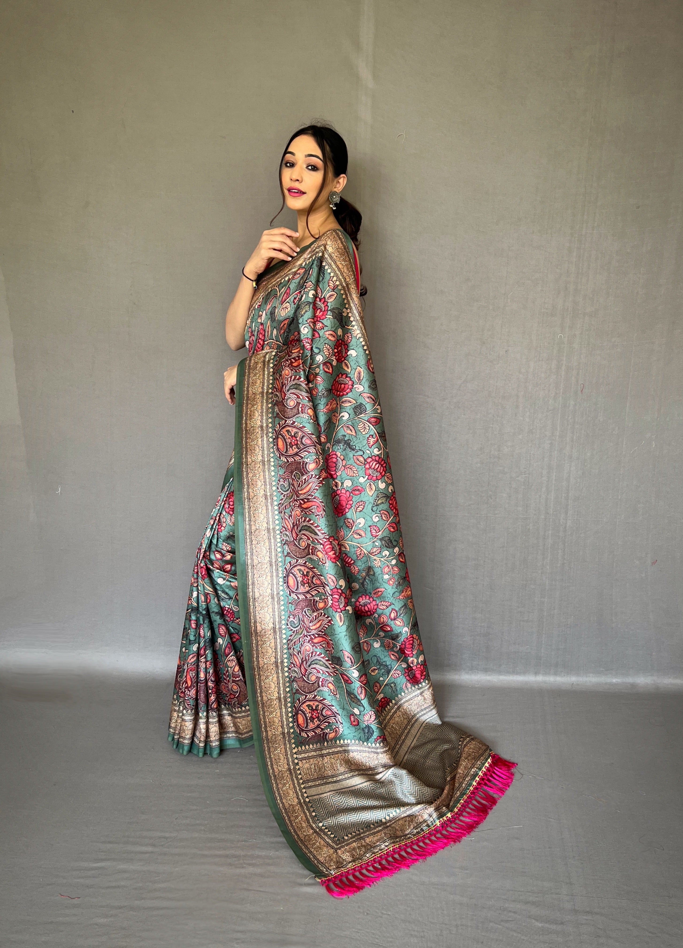 Enchanting Green Color Soft Silk Saree with Digital Printed Kalamkari Designs