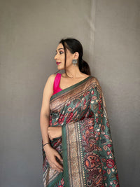 Enchanting Green Color Soft Silk Saree with Digital Printed Kalamkari Designs