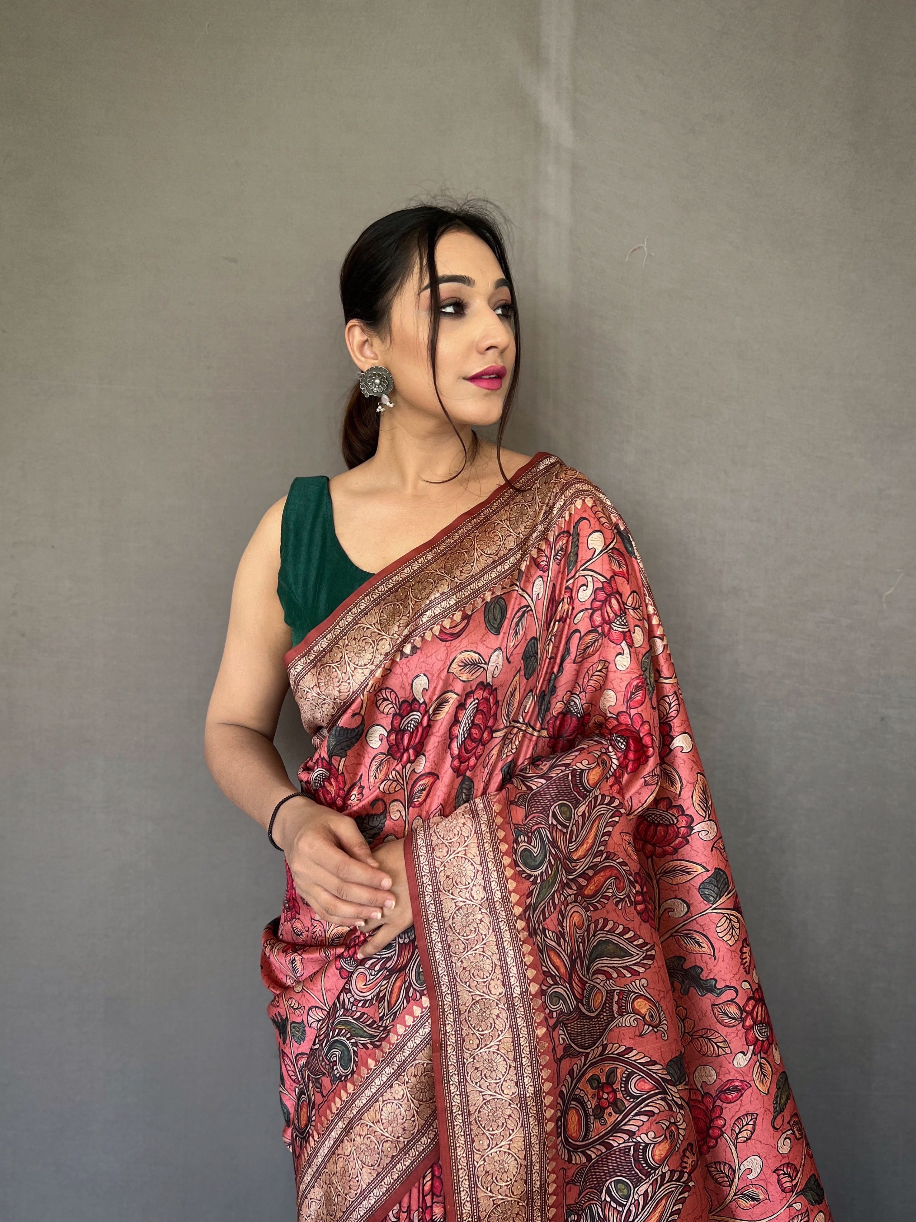 Stunning Peach Color Soft Silk Saree with Digital Printed Kalamkari Designs