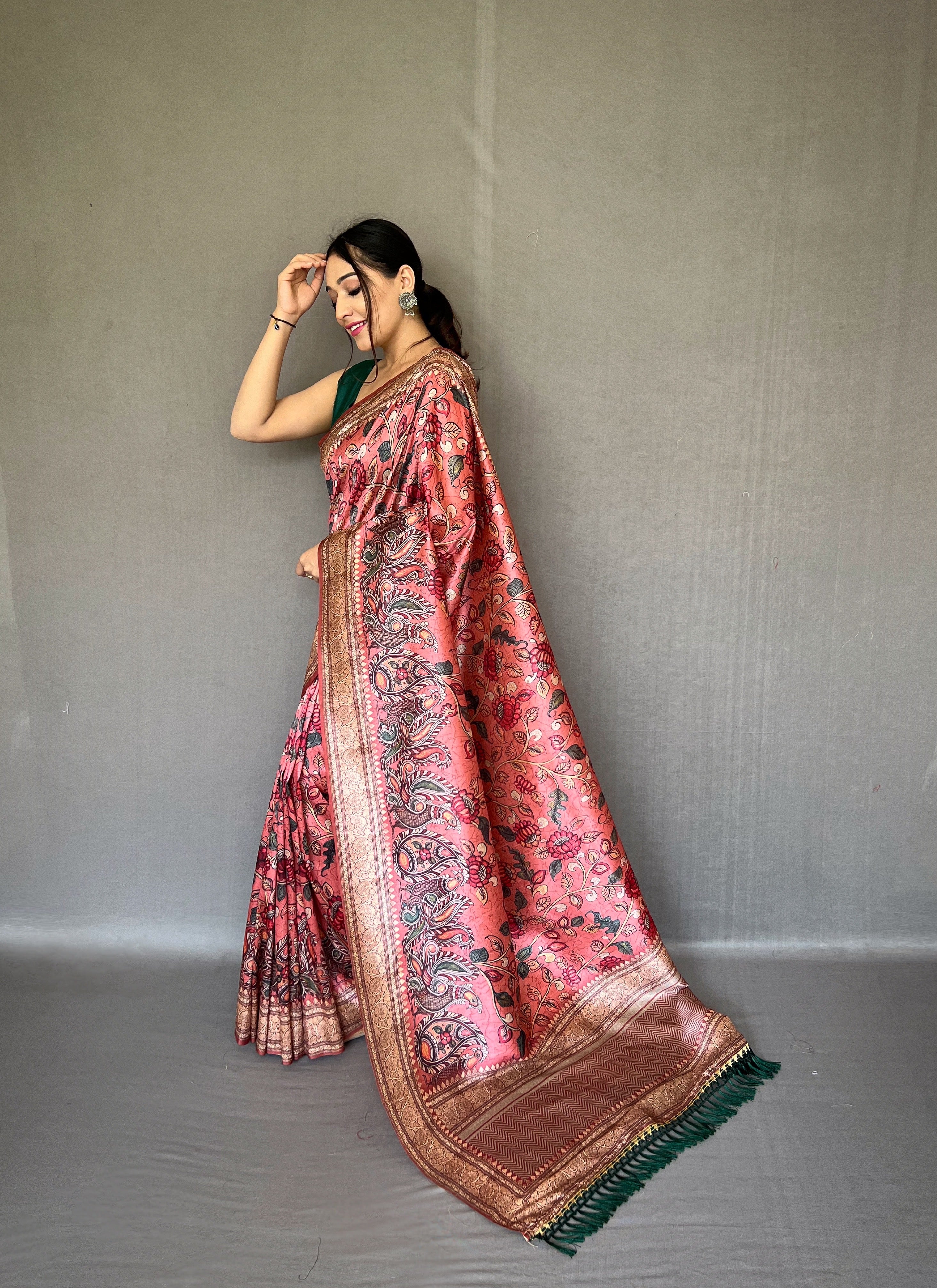 Stunning Peach Color Soft Silk Saree with Digital Printed Kalamkari Designs