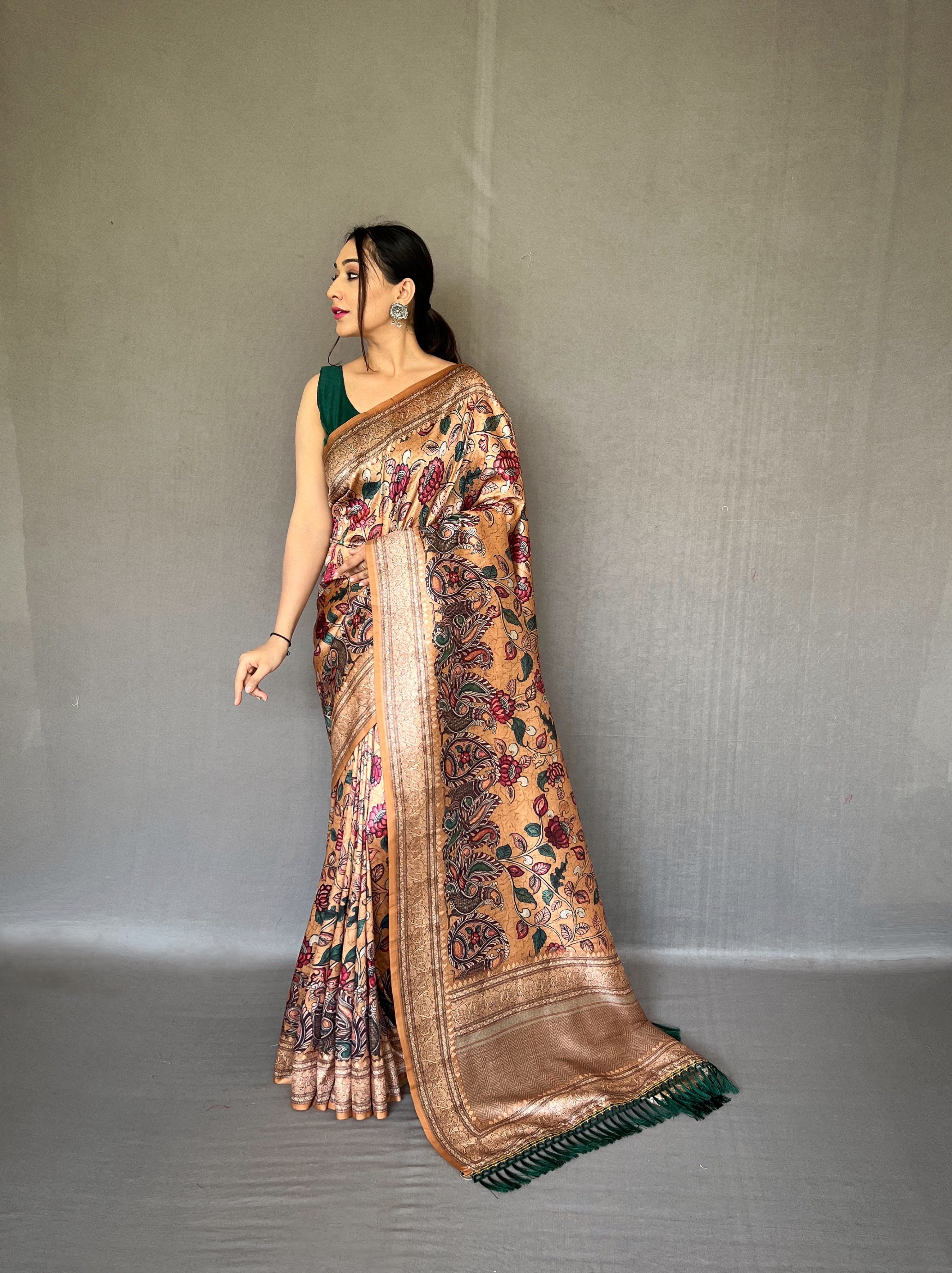 Graceful Beige Color Soft Silk Saree with Digital Printed Kalamkari Designs