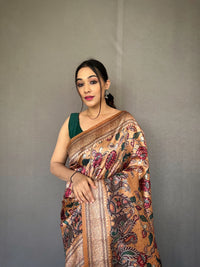 Graceful Beige Color Soft Silk Saree with Digital Printed Kalamkari Designs