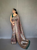 Breathtaking Grey Color Soft Silk Saree with Digital Printed Kalamkari Designs