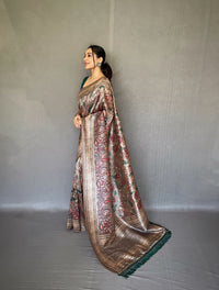 Breathtaking Grey Color Soft Silk Saree with Digital Printed Kalamkari Designs