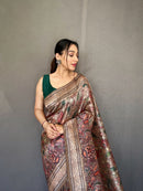 Breathtaking Grey Color Soft Silk Saree with Digital Printed Kalamkari Designs