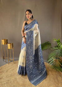 Resplendent White & Blue Color Tussar Silk Saree