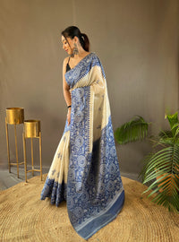 Resplendent White & Blue Color Tussar Silk Saree