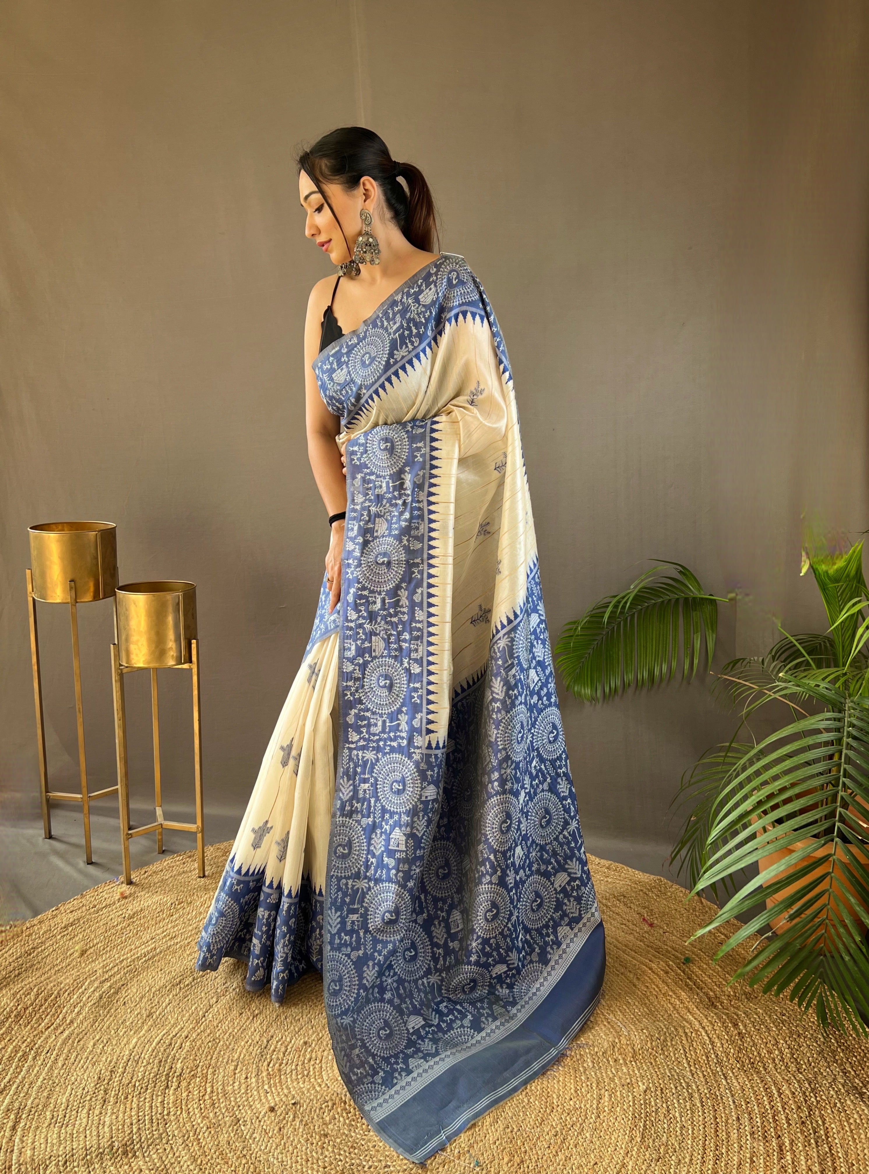 Resplendent White & Blue Color Tussar Silk Saree