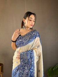 Resplendent White & Blue Color Tussar Silk Saree