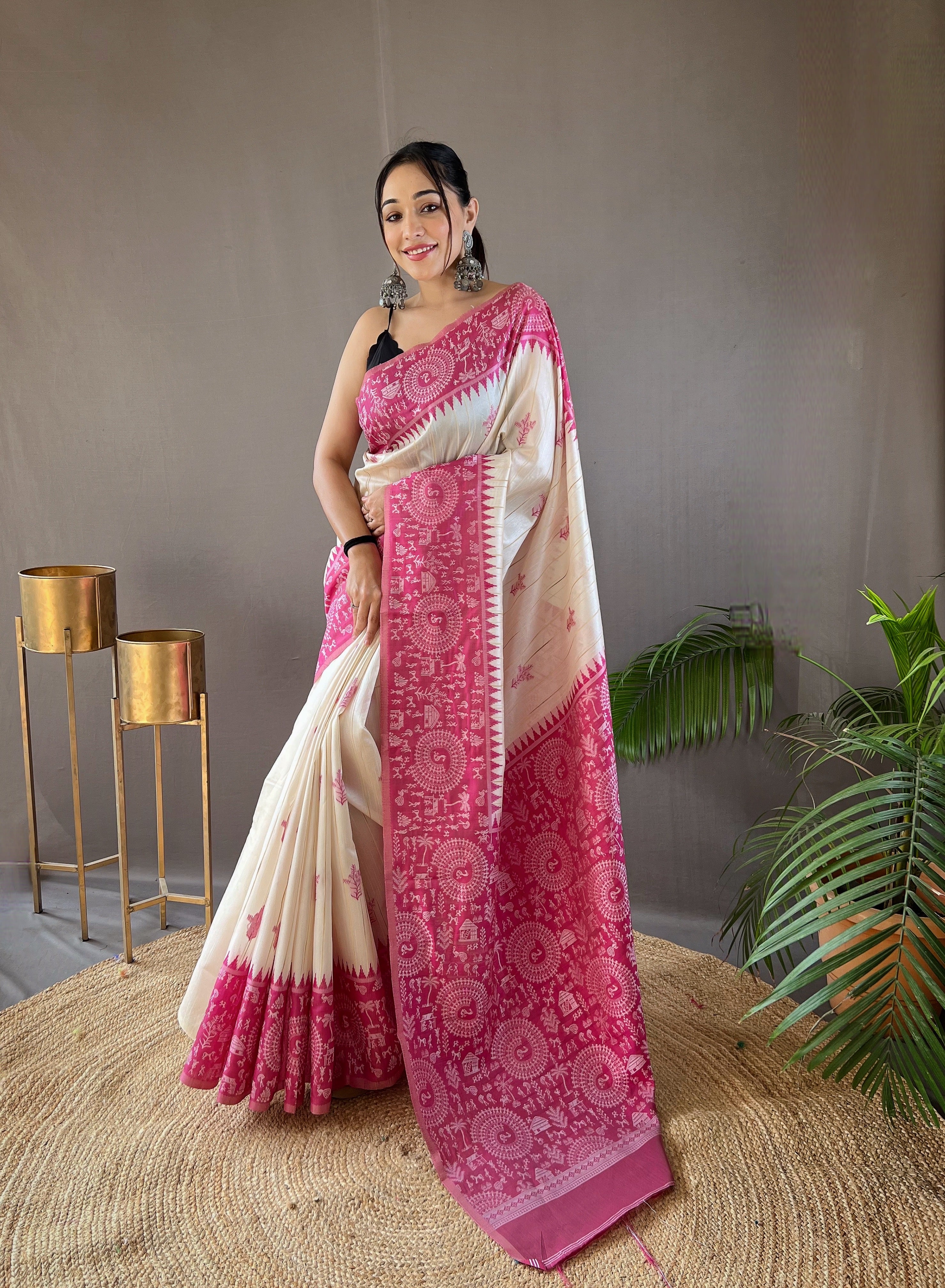 Luxurious White & Pink Color Tussar Silk Saree